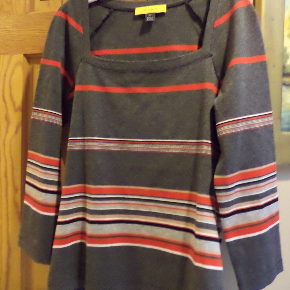 ST. JOHN Top - Gold Label ~ Shades of Grey with Red, White +Black Stripes-Medium